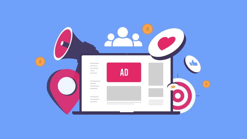 Social media advertising explodes web traffic, social media advertising campaigns generate likes, shares and leads. Dynamic loopable 2D motion graphic for 2026 brand social promotion and conversions