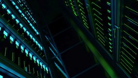 Tilted Side View of Data Center Computer Servers Storing and Processing Digital Information for AI. IT Infrastructure Running Apps and Services Online Underpinning Business. 3D Technology Animation. - Powered by Shutterstock - Get 15% off with code: PIKWIZARD15