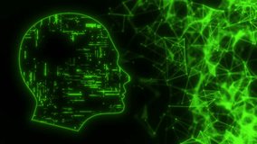 A face silhouette with neon HUD elements in the form of a circle on the head. Artificial intelligence concept . 4K - Powered by Shutterstock - Get 15% off with code: PIKWIZARD15