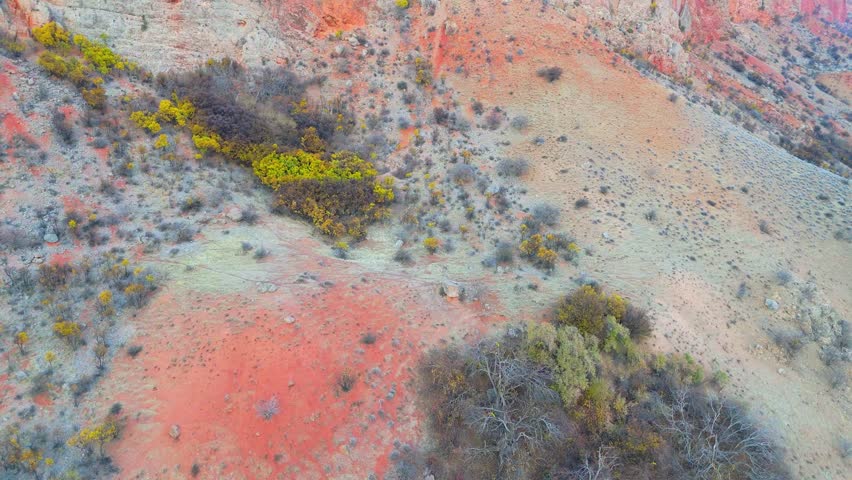 Colorful desert hillside with red rocks and autumn shrubs from above 