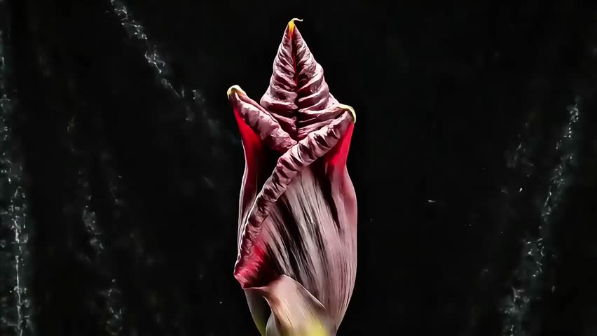 Macro Close-up of Large Deep Red and White Mottled Amorphophallus Flower Spathe Texture on Black Background