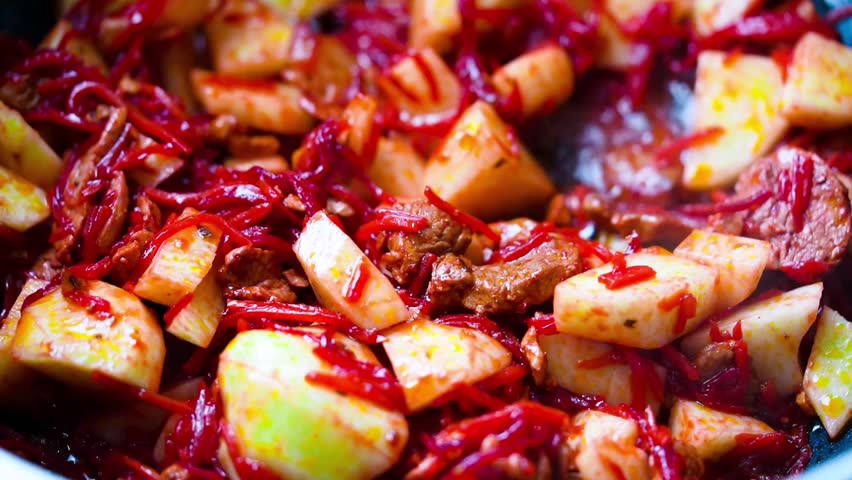 Borsch. Cooking traditional national Russian, Ukranian soup Borsch close-up