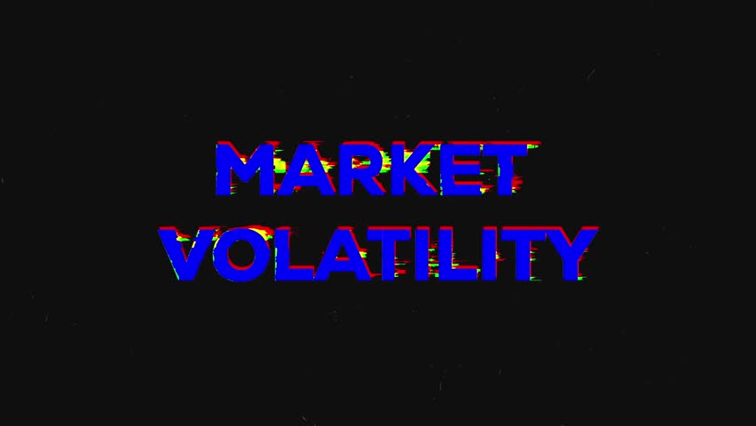 bold glitch title market volatility animation, black background with white uppercase typography, red and cyan
