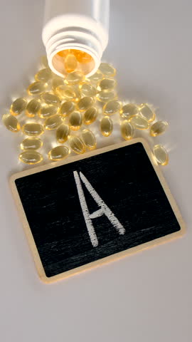 Vitamin A capsule supplements. Selective focus.