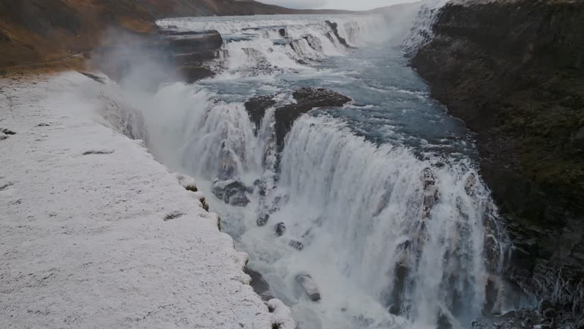 Aerial view of Gullfoss waterfall cascading over rocks, creating a dramatic display of nature