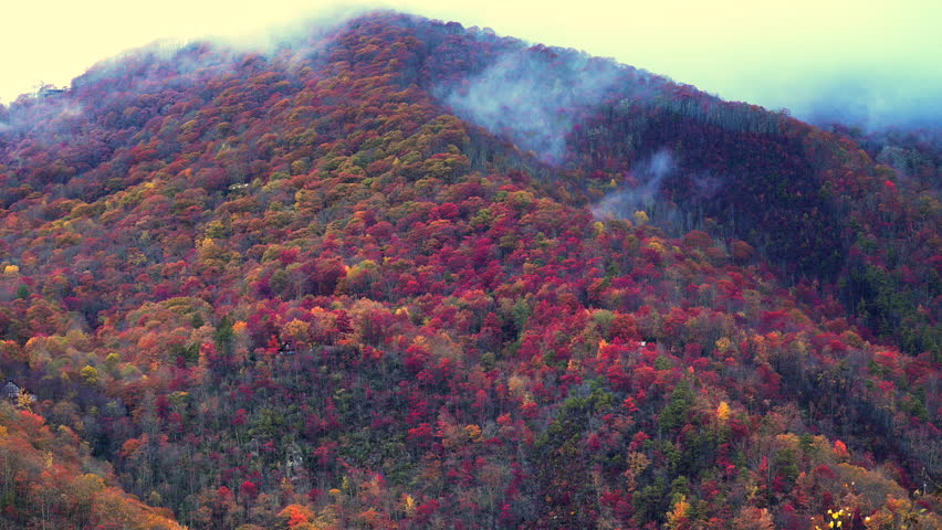 Thin morning clouds move across the summit of an Autumn adorned mountainside in the Great Smoky Mountains region of North Carolina.