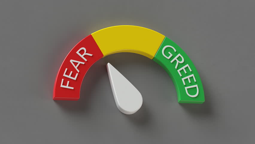 Fear and Greed Index Gauge. Financial sentiment and market psychology concept. 3D render seamless loop animation