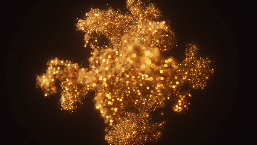 Golden glitter and sparkling dust particles floating in the air, forming a liquid ink shape with soft bokeh light. A luxurious abstract motion background.