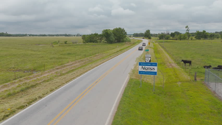 Countryside Roads Of Highway 12 Entering Arkansas In The United States. Aerial Drone Shot