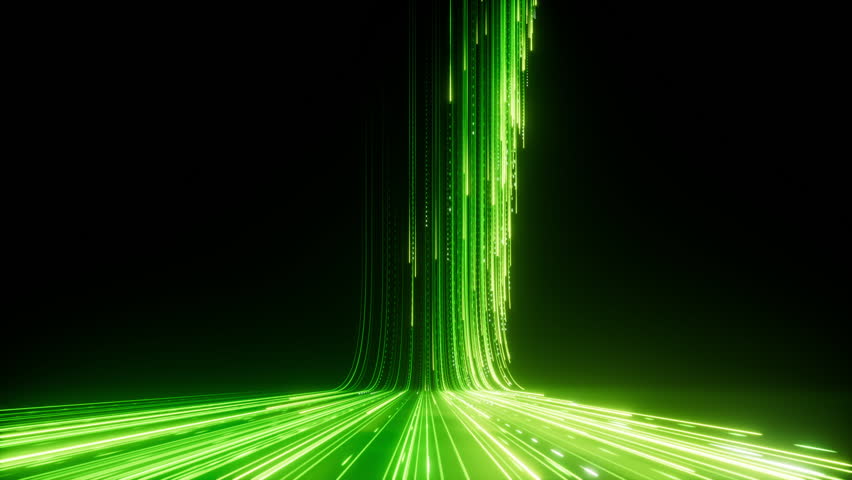 3d abstract futuristic neon background, green glowing lines leave trails, move down endlessly. Laser rays, speed of light. Looping seamless animation