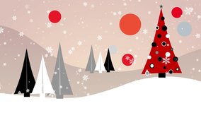 Mid century modern christmas background, abstract geometric red xmas tree and floating circles in retro vector style with beige tones and snowflakes - Powered by Shutterstock - Get 15% off with code: PIKWIZARD15