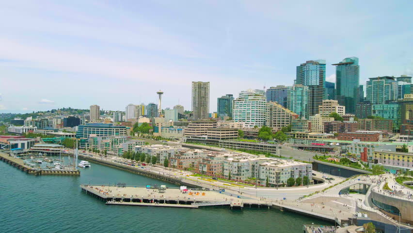 Aerial Seattle Downtown establishing shot, Waterfront push in shot