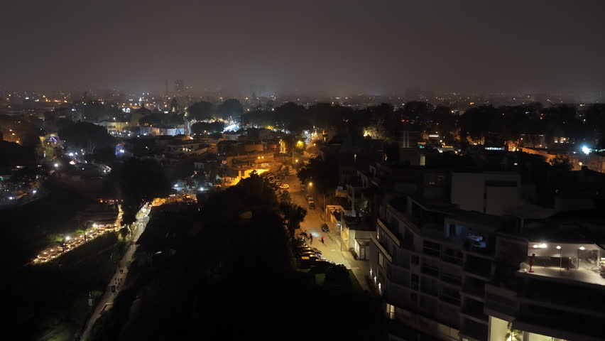 Aerial nocturnal view of Barranco neighborhood in Lima, Peru, historic district