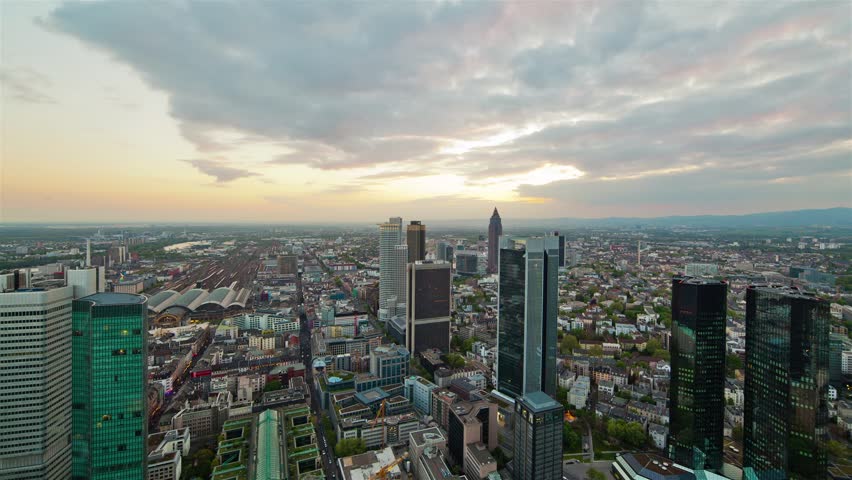 Frankfurt Germany Skyline Timelapse, Above City Sunset