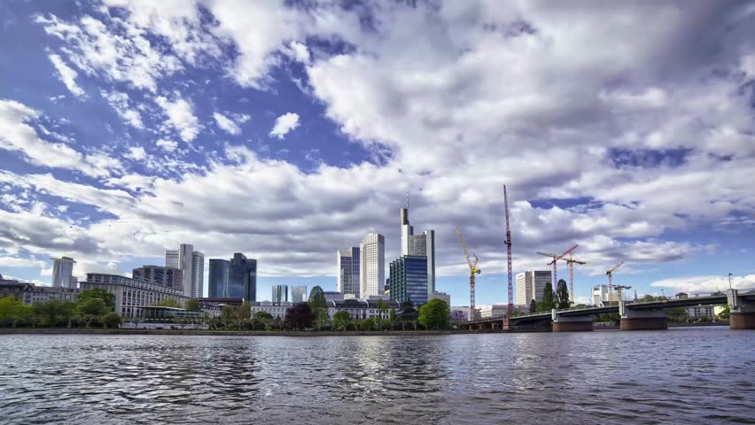 Frankfurt Germany Skyline Timelapse, Clouds Above Corporate Buildings