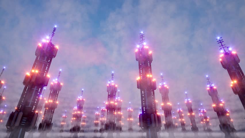 Modern 6G telecommunication tower with glowing network signals against blue sky, showcasing advanced 6G wireless technology and digital connectivity infrastructure for future cities. 3D Illustration - Powered by Shutterstock - Get 15% off with code: PIKWIZARD15