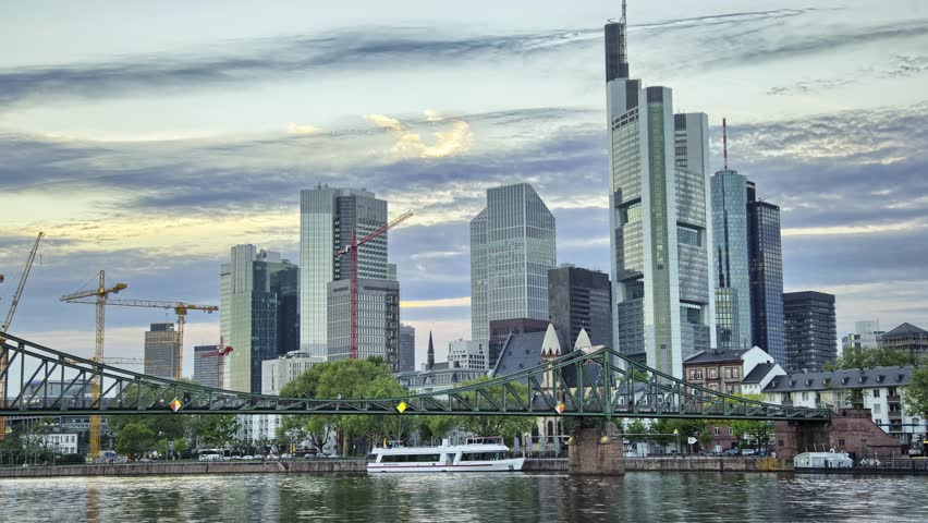 Frankfurt Germany Skyline Timelapse, Corporate Buildings at Night