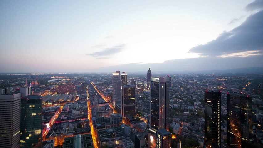 Frankfurt Germany Skyline Timelapse, Night Urban City