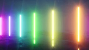 Glowing LED light strips in rainbow spectrum. Neon tubes shine with vibrant red, yellow, green, and blue hues creating colorful luminous bars on black bg 4k. 3D Illustration - Powered by Shutterstock - Get 15% off with code: PIKWIZARD15
