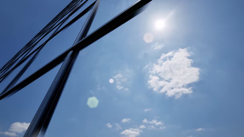 Modern glass building interior with transparent walls and windows creating bright reflections in contemporary business hall with urban city view through glass facade 4k. 3D Illustration