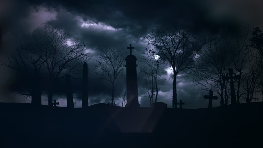 dark graveyard with fog and thunder, eerie burial ground with shadows and cloudy skies