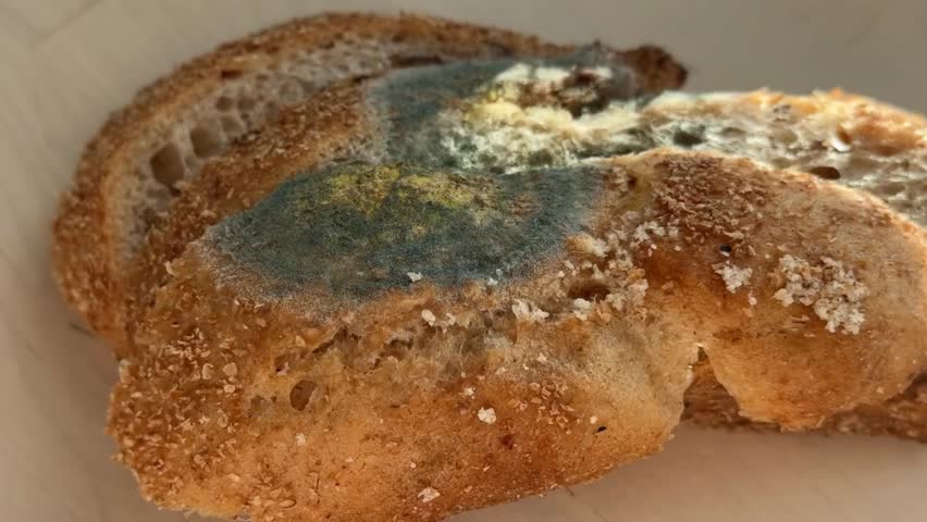 Moldy bread slices with visible spores on surface, focus on food spoilage concept video