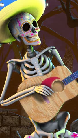 Seamless vertical video mexican sugar skeleton playing guitar in a graveyard. Funny Halloween vertical video.