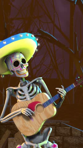 Seamless vertical video mexican sugar skeleton playing guitar in a graveyard. Funny Halloween vertical video.