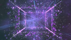 Vibrant Neon Cube With Sparkling Particles And Light Trails In Deep Purple. A futuristic, glowing purple cube surrounded by glittering particles and bright light rays.  - Powered by Shutterstock - Get 15% off with code: PIKWIZARD15