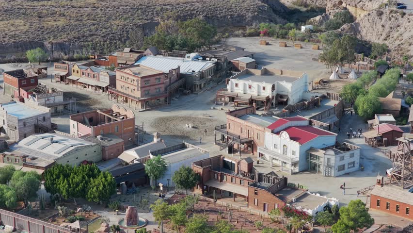 Wild West in Andalusia: Aerial View of the Mini Hollywood Oasys Western Theme Park in the Arid Tabernas Desert, Southern Spain	