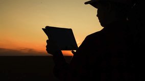 Silhouette woman working digital tablet, young girl sunset, human journey digital technology, technology and nature: tablet user in vast wheat plains, agricultural technology in action during golden - Powered by Shutterstock - Get 15% off with code: PIKWIZARD15