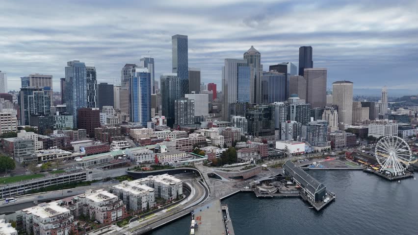 aerial view of Seattle’s downtown skyline captured by drone cinematic and vibrant cityscape Washington USA modern smart city