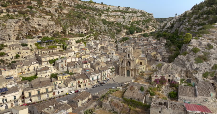 Aerial view of San Bartolomeo church. It is a late Baroque-style and Roman Catholic church located in the historic center of Scicli, a town in province of Ragusa, Sicily, Italy. It