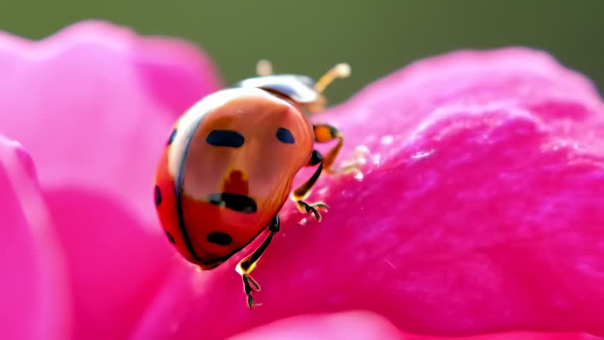 Detailed macro close-up of a vibrant ladybug resting on a bright pink flower petal, showcasing nature