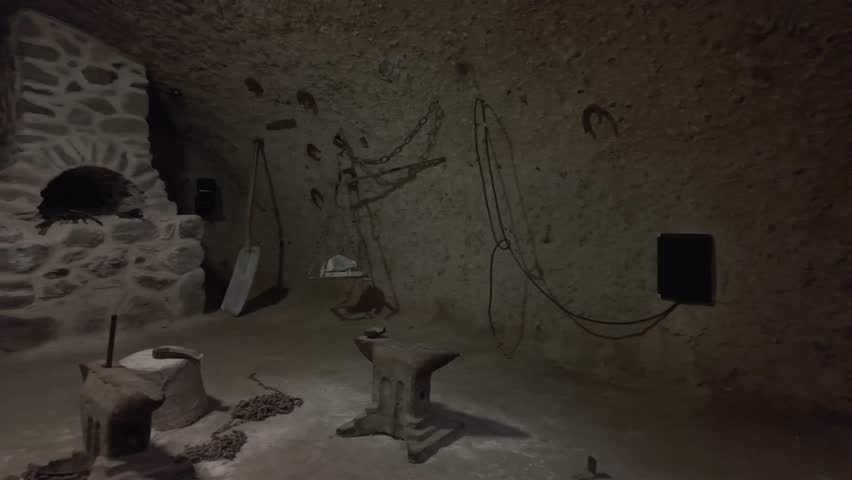 Pan left across the interior of a historical blacksmith workshop in Boldogkőváralja, Hungary, featuring traditional tools, equipment, and artifacts that reflect regional craftsmanship and heritage.