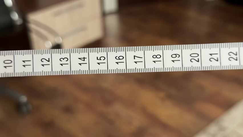 Close-up of a white measuring tape with centimeters unrolling and falling against a blurred background with wooden flooring, symbolizing measurement, precision, and craftsmanship