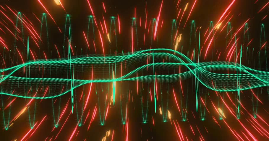 Rhythmic pulse driving teal ribbon undulating spikes pulsing, red sparks fanning visualizing motion. Abstract, waveform, oscillation, neon, depth, kinetic, digital