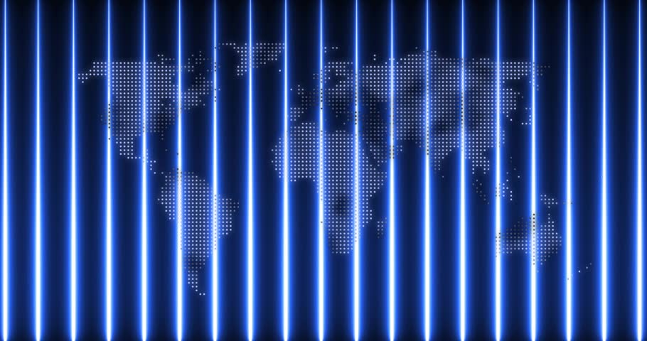 Loop starting, vertical blue neon bars pulsing, shifting band, revealing halftone map cyclically. Ledtubes, backdrop, motiongraphics, technology, studio, glow, futuristic