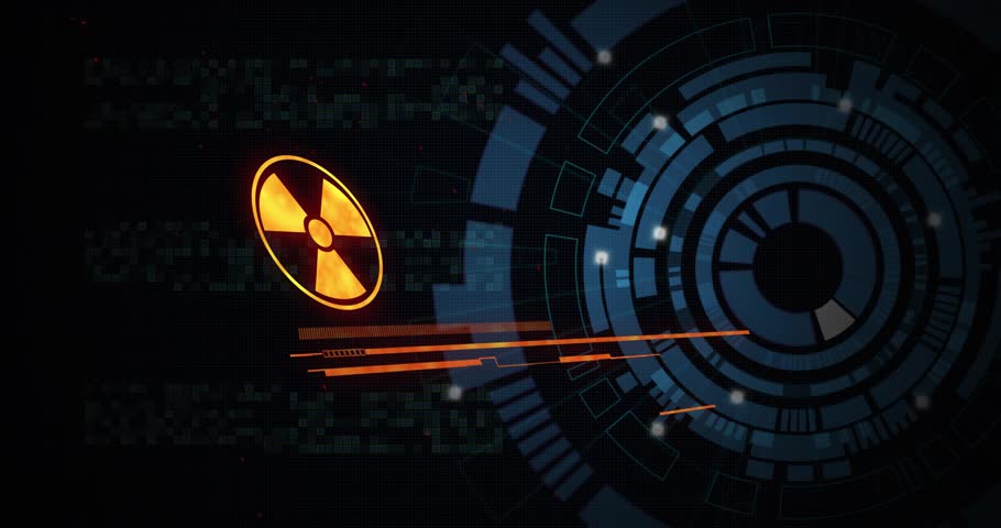 Sensor alarm causing radiation alert sliding in; letters forming, bars growing, demanding action. Hazard, monitor, console, interface, neon, glow, matrix