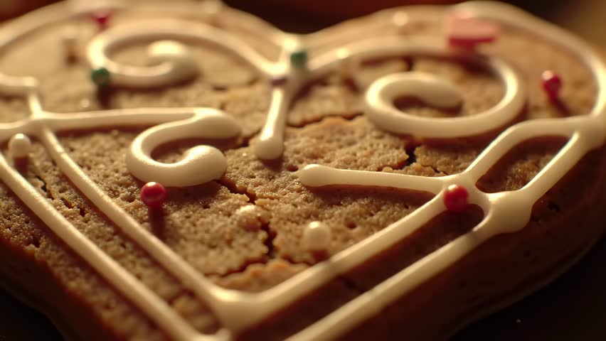 Macro view of a festive heart-shaped cookie adorned with delicate white icing patterns and colorful sprinkles. Ideal for holiday, baking, and sweet treat themes.