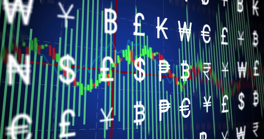 Close-up starting, causing pan, currency symbols drifting while price trace moving, showing markets. Forex, icons, charts, dashboard, animation, neon, finance