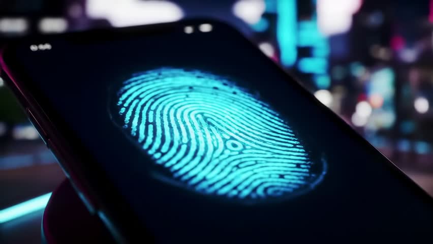 Dynamic animation of a glowing biometric fingerprint scan on a smartphone screen, symbolizing secure digital access and advanced authentication. Ideal for tech, finance, and cybersecurity. - Powered by Shutterstock - Get 15% off with code: PIKWIZARD15