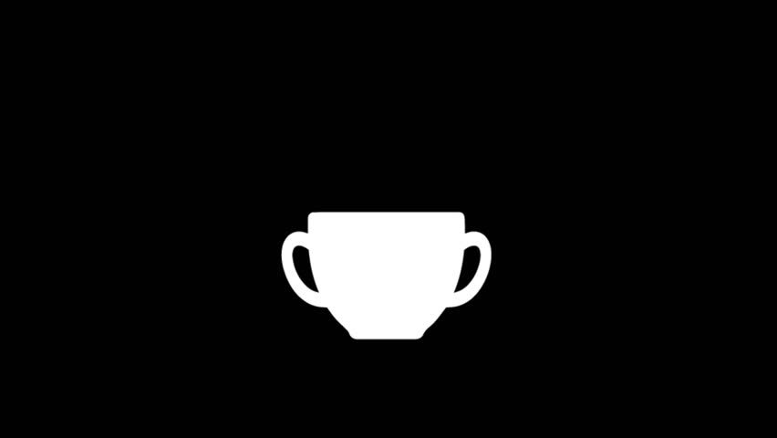 A white cup with handles and steam on a black background in a minimalist style illustration.