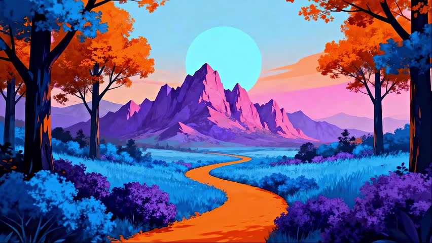 a colorful landscape featuring purple mountains, orange trees, and a winding path leading towards a large blue sun in the sky. It is beautiful.