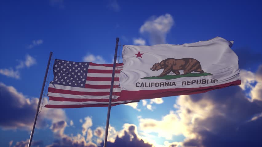 Patriotic Scene With American and California Flags Against Dramatic Sunset Sky