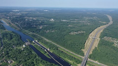 Drone Shot Canal Lock System Highway Junction