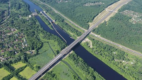 Aerial Highway Crossing over River Canal Corridor