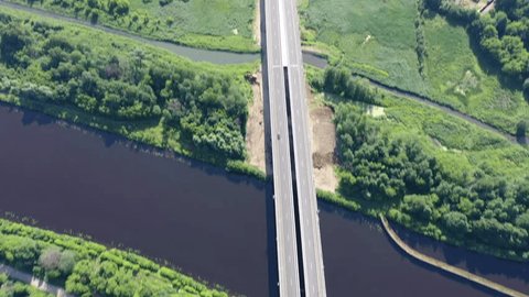 Highway Bridge Crossing Wetland Canal Drone View