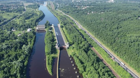Aerial View Canal Lock Surrounding Forest