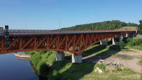 Aerial View Steel Bridge over River Canal